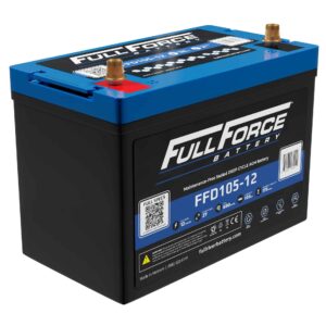 Blue-and-black automotive battery with bold 'FULL FORCE BATTERY' branding on a blue top and two gold terminal posts, shown in perspective view.