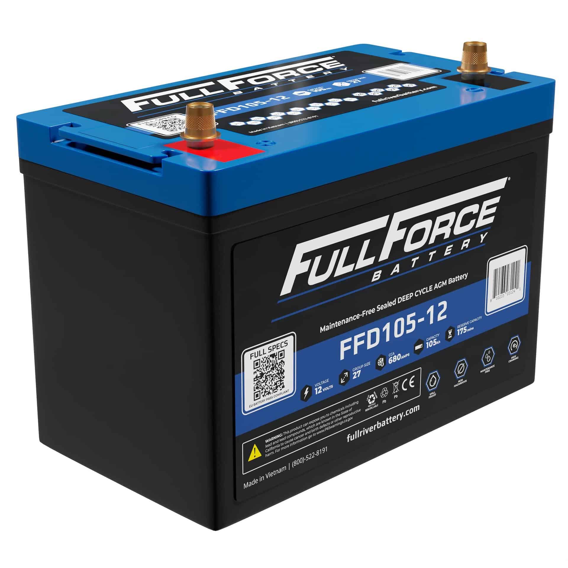 Blue-and-black automotive battery with bold 'FULL FORCE BATTERY' branding on a blue top and two gold terminal posts, shown in perspective view.