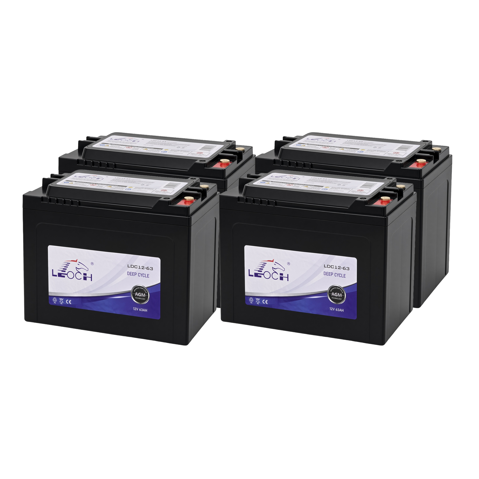 Set of 4 Leoch LDC12-63 12V 63Ah AGM batteries for Ryobi 30-inch riding mower