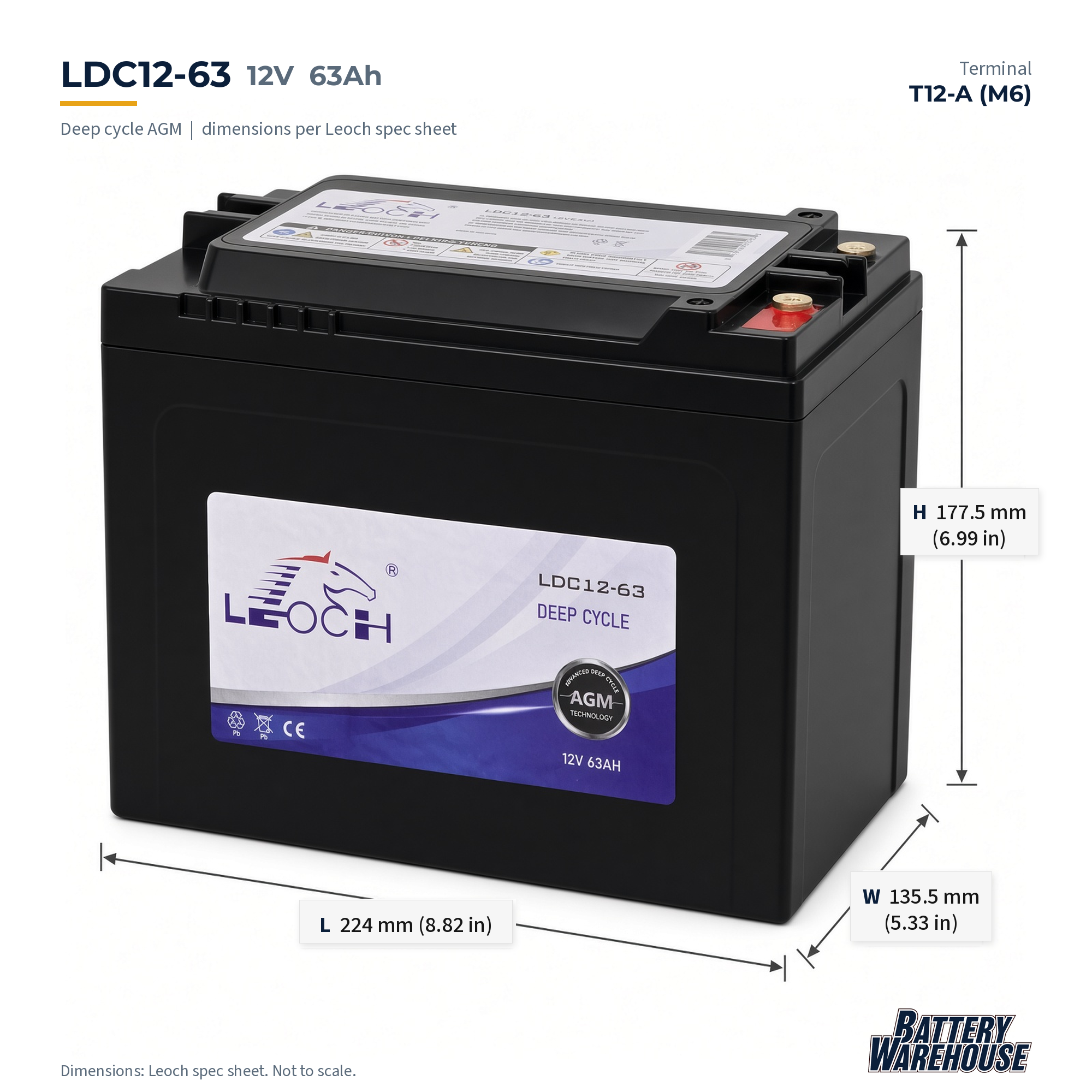 LDC12-63 battery dimensions 8.82 x 5.33 x 6.99 inches with terminal layout